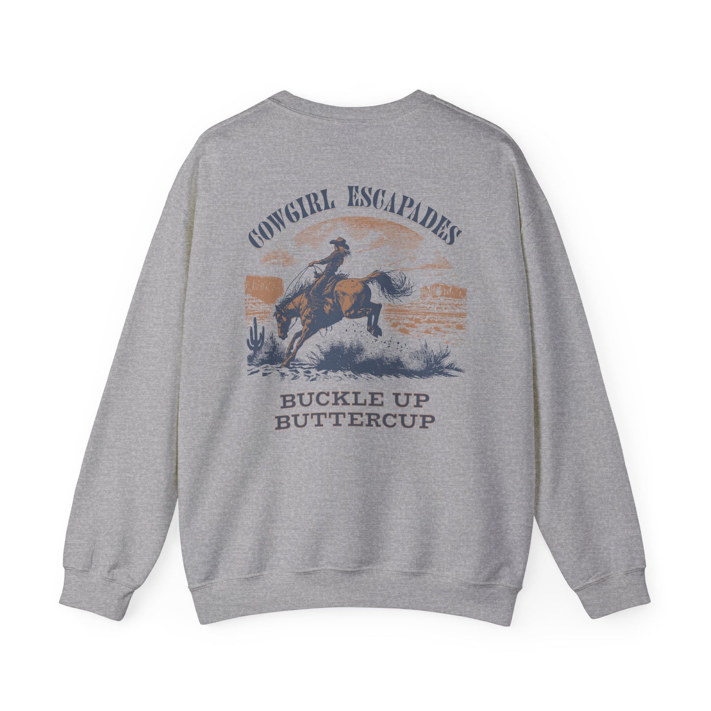 Cowgirl Escapades Crewneck Sweatshirt - Buckle Up Buttercup Design