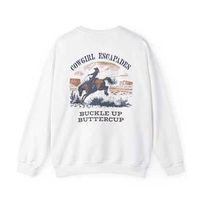 Cowgirl Escapades Crewneck Sweatshirt - Buckle Up Buttercup Design